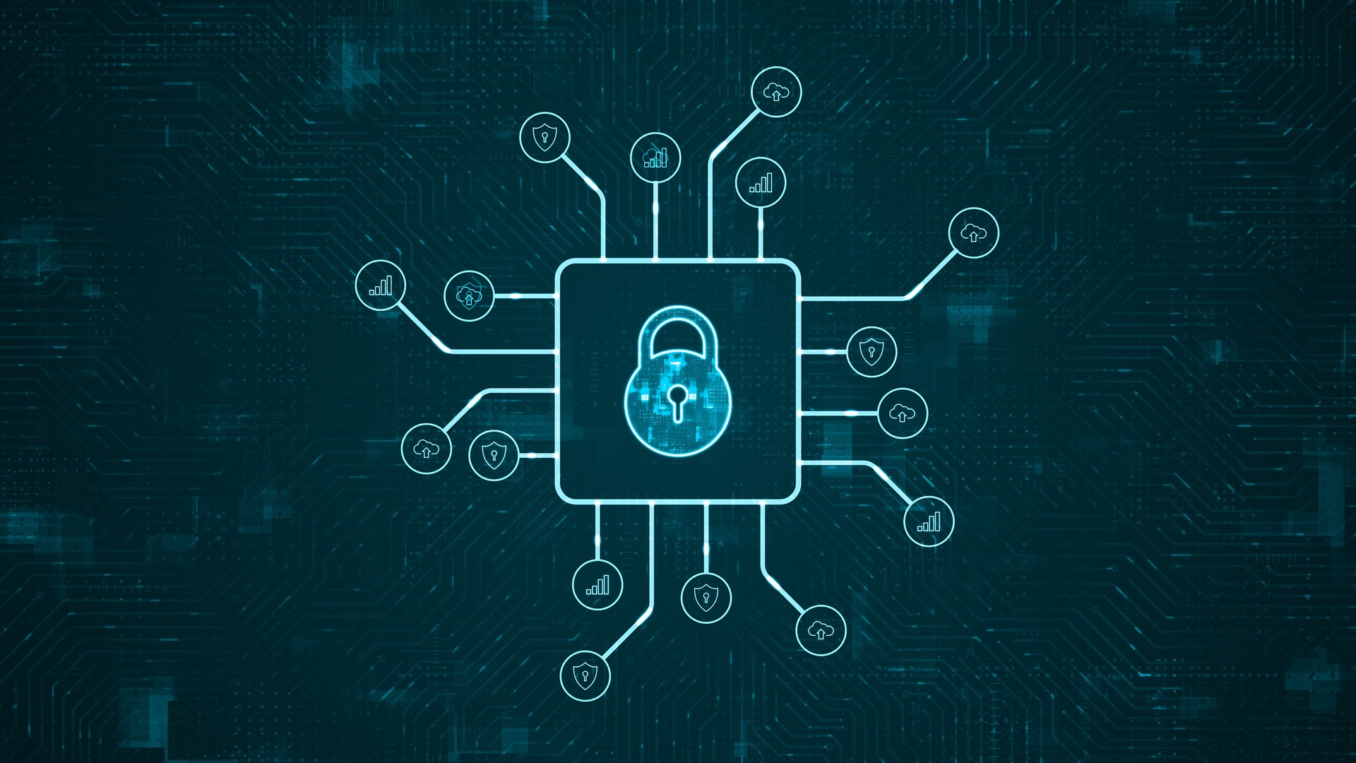 Blue digital security key logo and futuristic HUD technology circuit board with tech icon and data transfer on abstract background network firewall technology and data secure concept