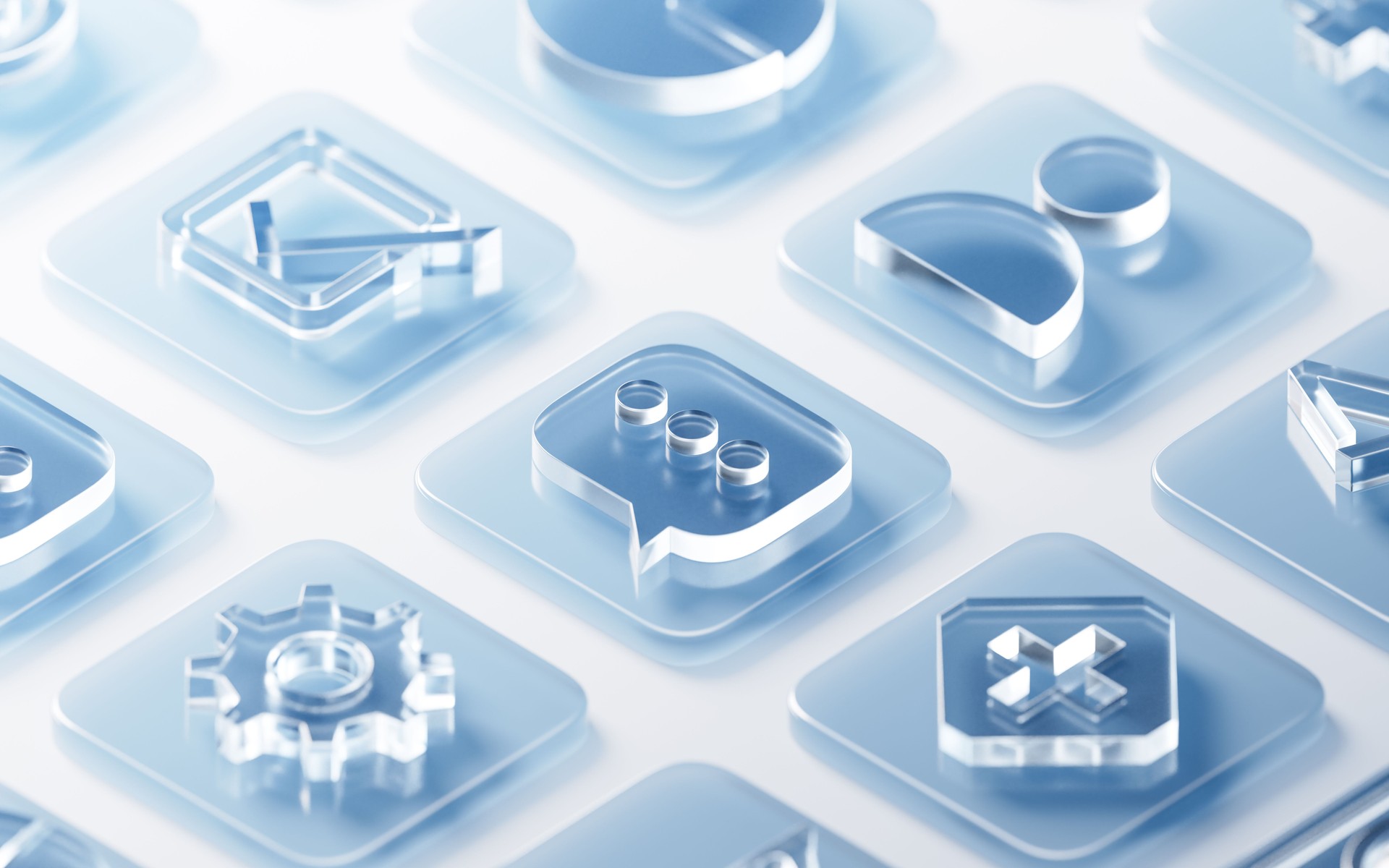 Transparent glass icons background, 3d rendering.