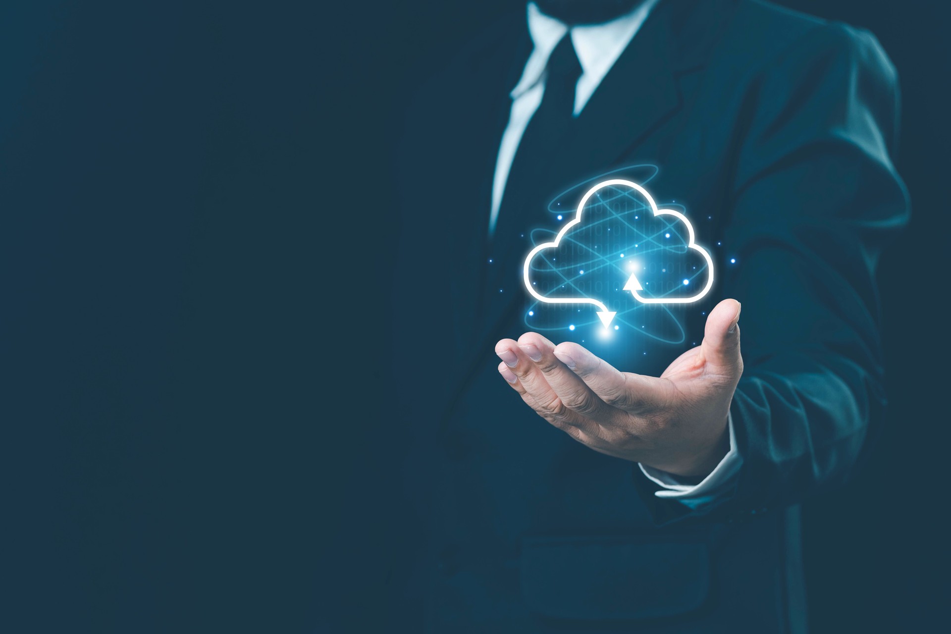 Cloud technology concept Global network of metaverse systems concept, Man hand touch data with internet cloud technology and File Transfer backup copy,Global business Internet for Telecommunication